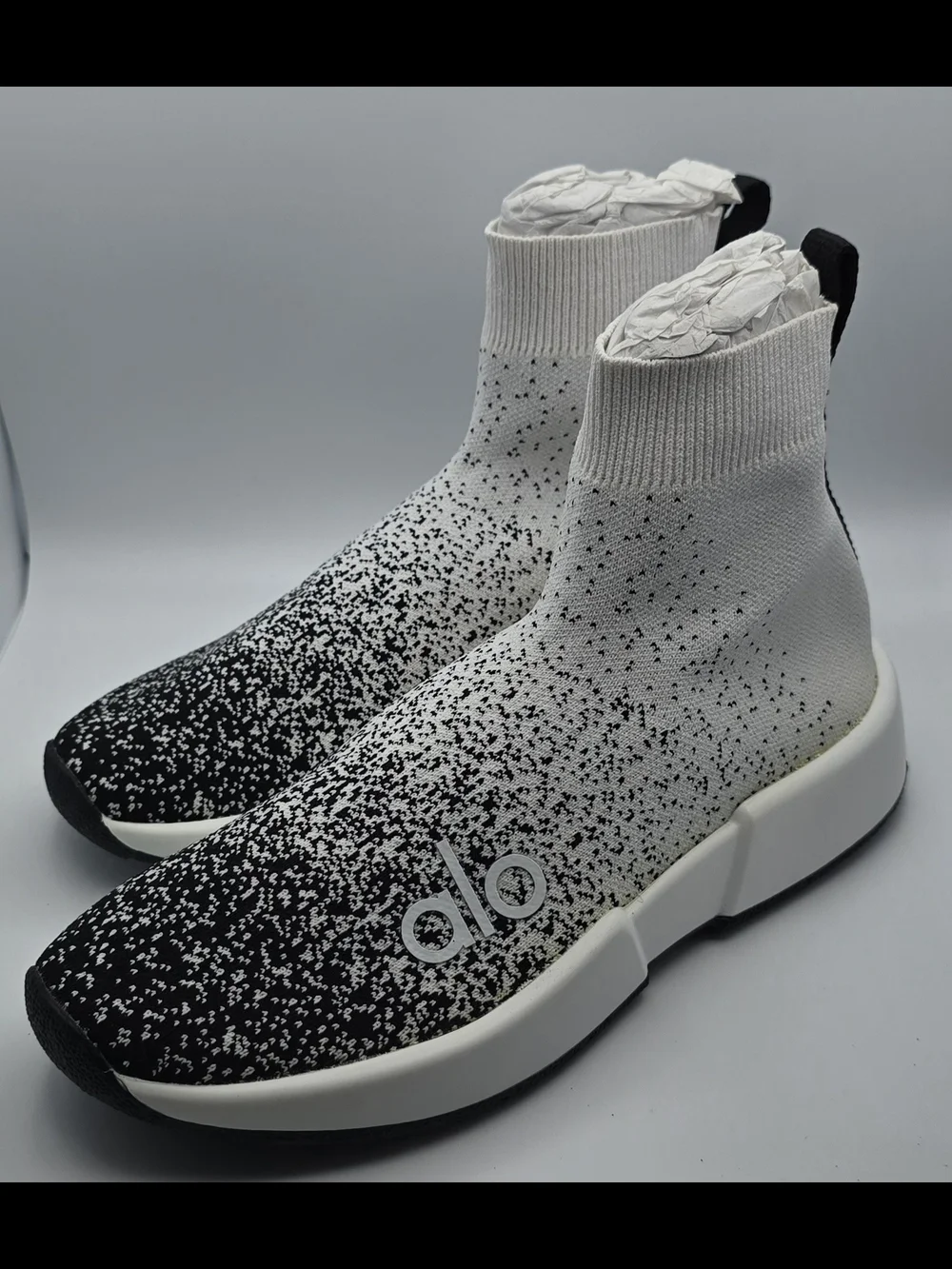 ALO Yoga Women's Sock-Style Sneakers in White and Black Speckle